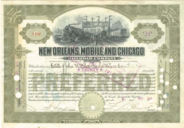 New Orleans, Mobile and Chicago Railroad - Stock Certificate